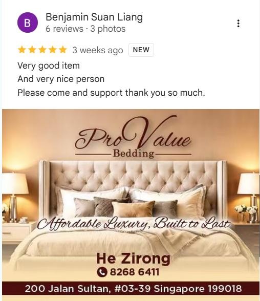 Google review from Benjamin Suan Liang — 5-star rating for ProValue Bedding