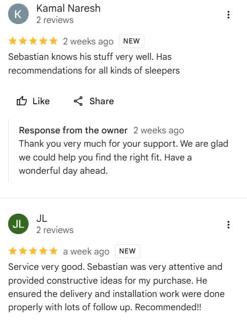 Google reviews from Kamal Naresh and JL — 5-star ratings for ProValue Bedding